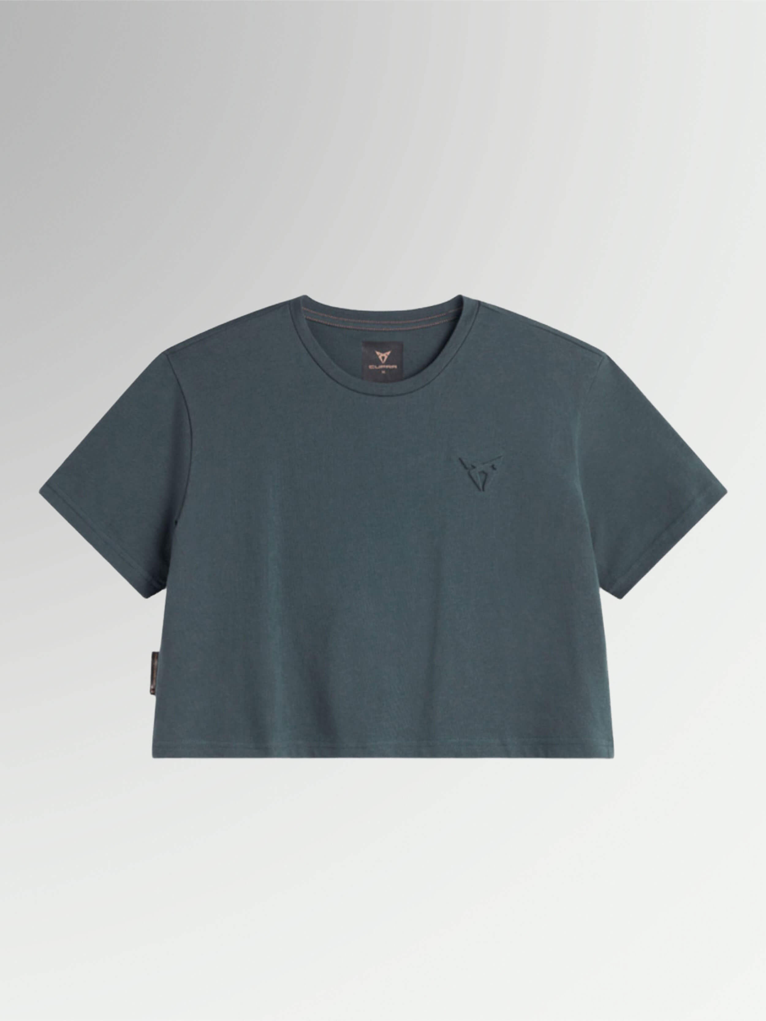 Grey short-sleeved embossed T-shirt with crop top fit and printed